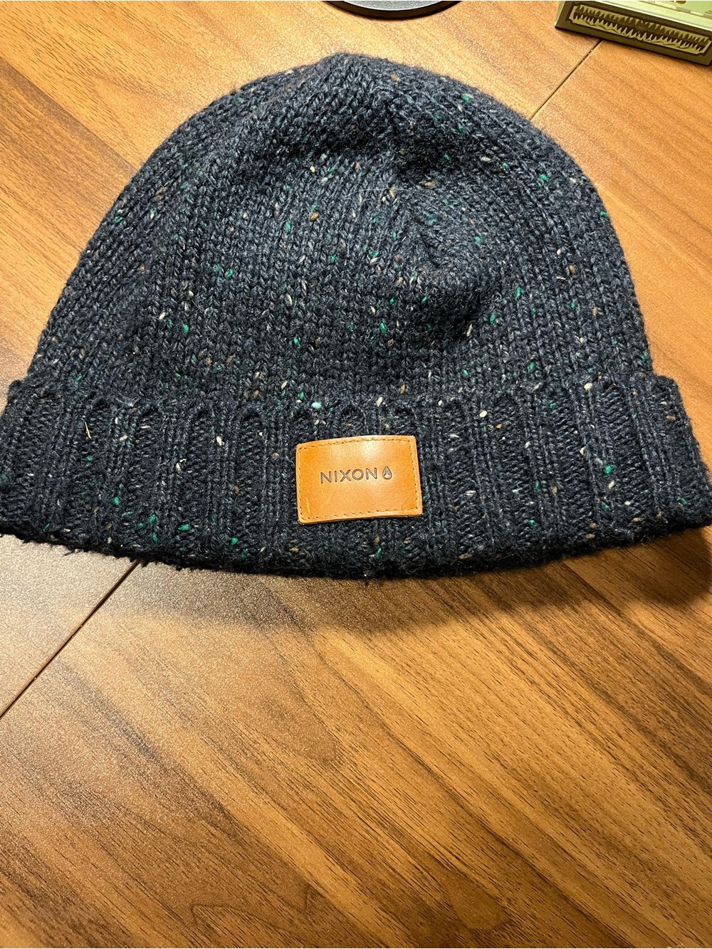 Nixon Dark Navy Flecked Knit Beanie with Leather Patch